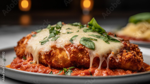 Chicken parmesan with pasta and garnishments photo