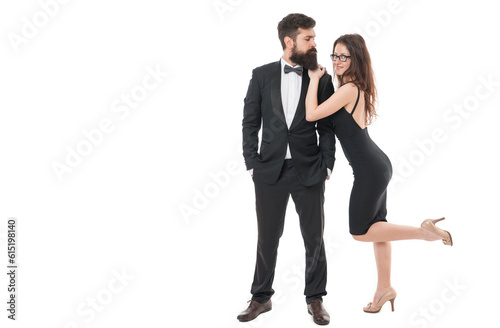 Art of flirt. Pick up and flirt concept. Bearded man in tuxedo and playful girl. Perfect flirt at party or event. Flirting lady. Woman attractive sexy female attract attention of bearded gentleman