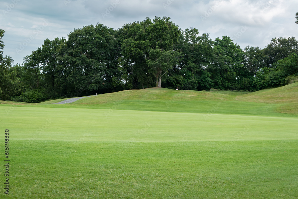 Verde campo relvado de golfe com algumas árvores ao fundo num dia muito nublado Verde campo relvado de golfe com algumas árvores ao fundo num dia muito nublado