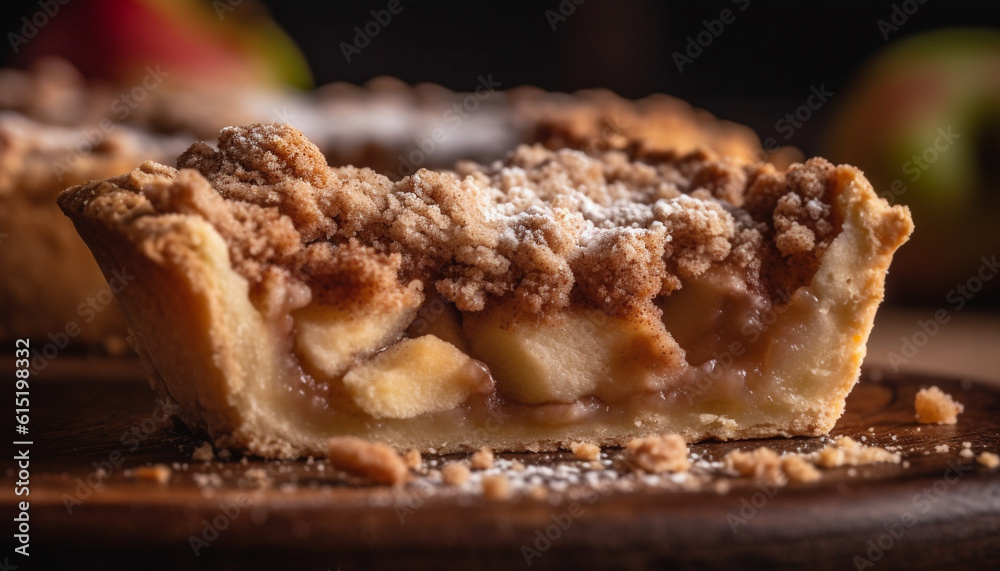 Freshly baked sweet apple pie, a gourmet indulgence on plate generated by AI Freshly baked sweet apple pie, a gourmet indulgence on plate generated by AI
