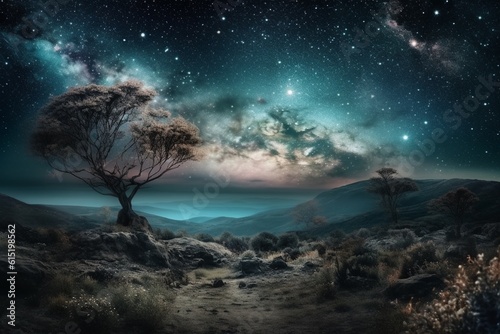 Ethereal Celestial Scene with Stars, Galaxies and Cosmic Elements Created with Generative AI