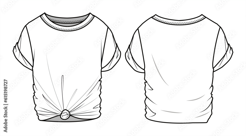 Women's Tie Knot Tshirt Front and Back View. Fashion Flat Sketch