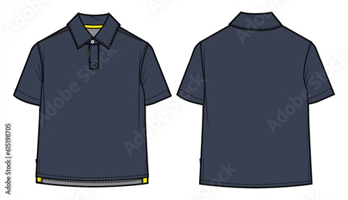 Contrasting Neck and Side Tape Polo Collar T-Shirt Front and Back View. Fashion Flat Sketch Vector Illustration, CAD, Technical Drawing, Flat Drawing, Template, Mockup.