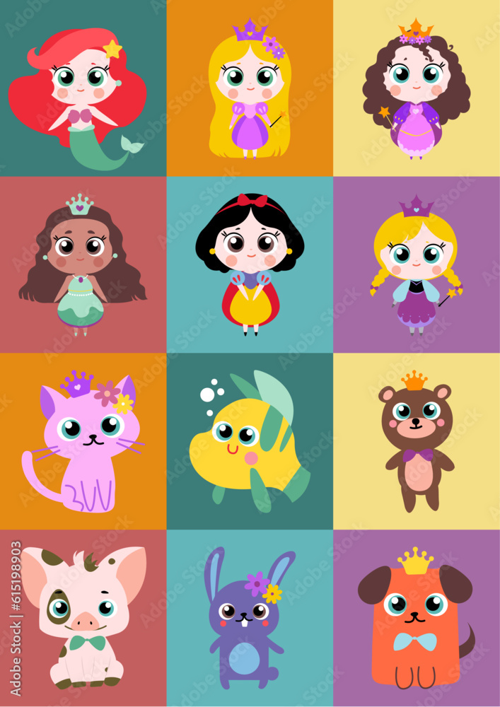 Encantadora Colección de Vectores, ilustraciones, iconos: Princesas Coloridas con Mascotas Juguetonas y Accesorios