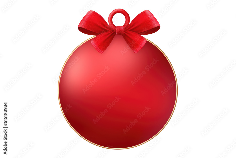 Red ribbon bow on a hanging round label on white background. Generative AI Red ribbon bow on a hanging round label on white background. Generative AI