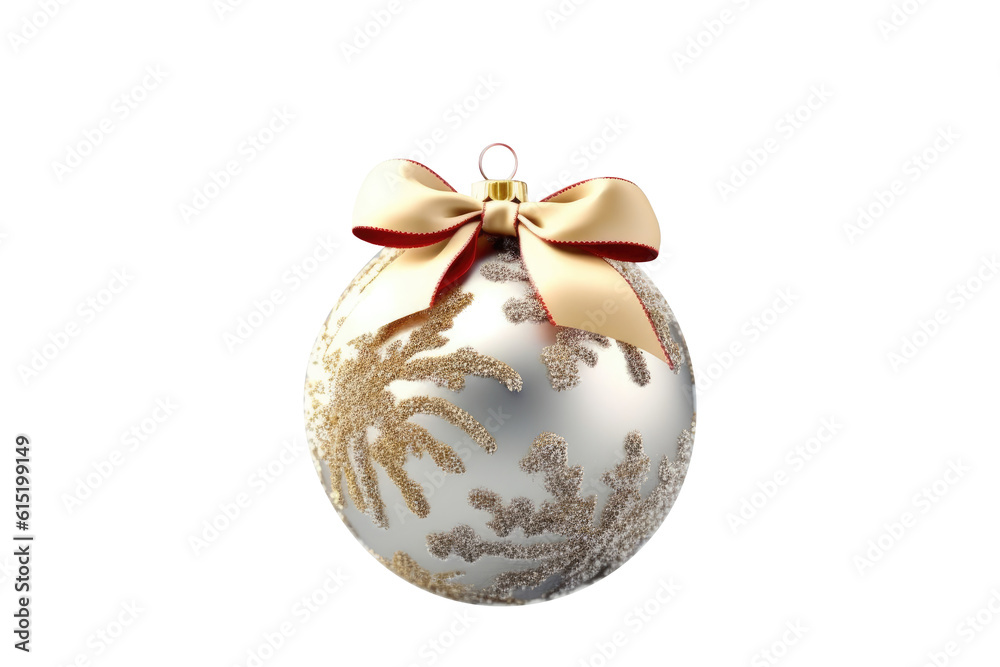 silver Christmas ball with ribbon and a bow on white background. Generative AI silver Christmas ball with ribbon and a bow on white background. Generative AI