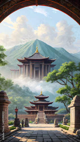 Panoramic temple landscape with scenic park and sky clouds