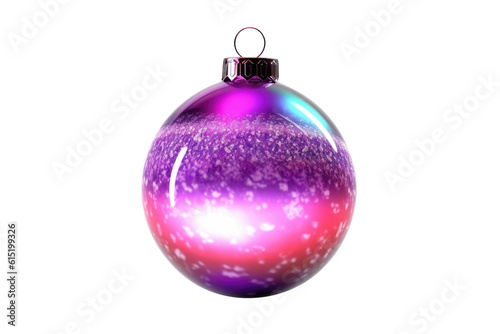 Purple Christmas ball with ribbon and a bow on white background. Generative AI