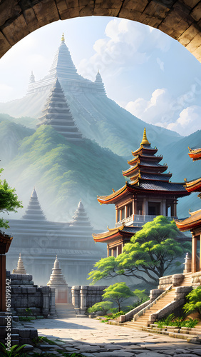 Panoramic temple landscape with scenic park and sky clouds