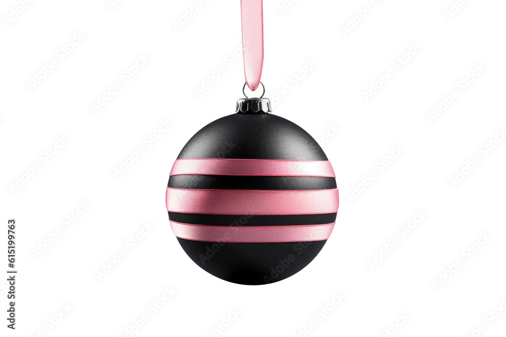 Black pink Christmas ball with ribbon and a bow on white background. Generative AI