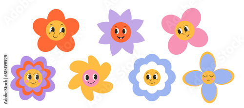 Colorful groovy flower daisy set. 70s hippie style stickers. Retro flowers with faces