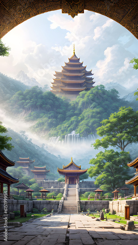 Panoramic temple landscape with scenic park and sky clouds