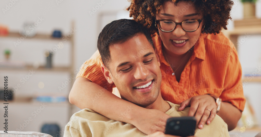 Love, social media and happy couple on sofa with phone, happiness and checking meme in apartment. Smile, man and woman on couch in living room, smartphone and quality time bonding together in home. Love, social media and happy couple on sofa with phone, happiness and checking meme in apartment. Smile, man and woman on couch in living room, smartphone and quality time bonding together in home.