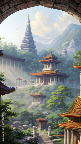Panoramic temple landscape with scenic park and sky clouds