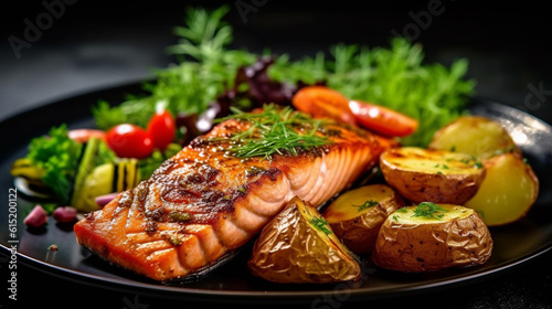Fototapeta grilled salmon with vegetables HD 8K wallpaper Stock Photographic Image