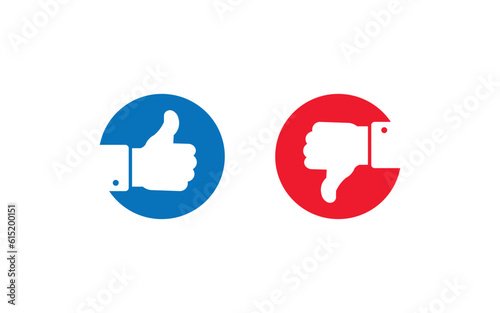 Thumbs up and thumbs down vector symbol in circles. Like and dislike button icon illustration.