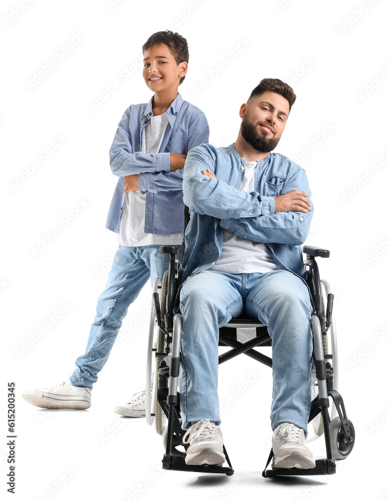 Little boy and his father in wheelchair on white background Little boy and his father in wheelchair on white background