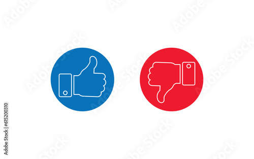 Thumbs up and thumbs down vector symbol in circles. Like and dislike button icon illustration.