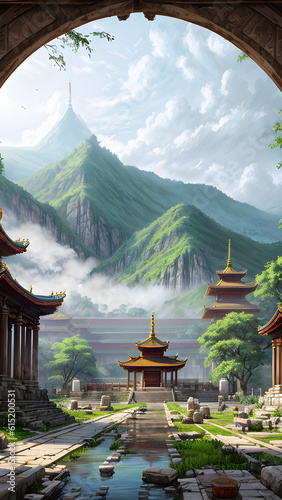 Panoramic temple landscape with scenic park and sky clouds