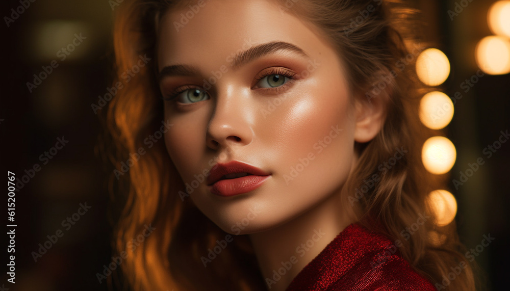 Beautiful young adult woman exudes elegance and sensuality in portrait generated by AI