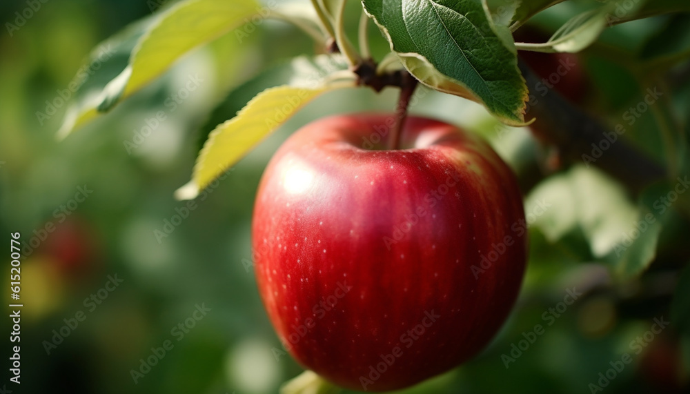 Juicy apple on a fresh green leaf, a healthy snack generated by AI