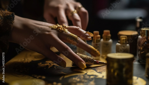 Craftswoman elegant hand holds gold jewelry, skillfully making beauty shine generated by AI
