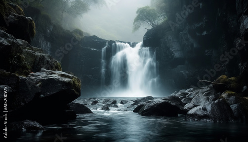 The majestic waterfall drops in a tranquil autumn landscape scene generated by AI