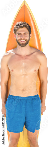 Digital png photo of caucasian surfer standing in front of surdboard on transparent background