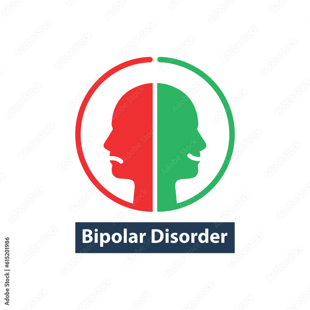 human heads like bipolar disorder. simple flat trend modern outline man logotype graphic art design isolated on white background. concept of split personality or schizo diagnosis and duality person