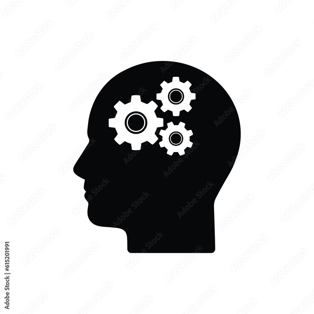 abstract head and gear like mind process icon. flat simple style trend modern synergy logotype graphic art design isolated on white background. concept of man profile or side view like engine inside abstract head and gear like mind process icon. flat simple style trend modern synergy logotype graphic art design isolated on white background. concept of man profile or side view like engine inside