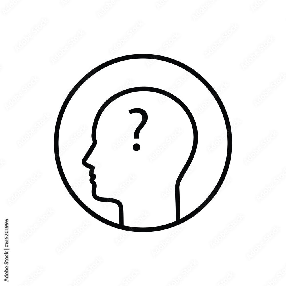 black thin line head like simple doubt icon. flat linear style trend modern lineart interviewer logotype graphic stroke art design isolated on white. concept of brainstorming or easy solving or vision black thin line head like simple doubt icon. flat linear style trend modern lineart interviewer logotype graphic stroke art design isolated on white. concept of brainstorming or easy solving or vision
