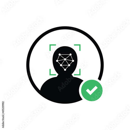 face id scanner logo with check mark. flat style trend simple logotype graphic design isolated on white background. concept of facial scanning for unlock your cellphone and people access authorization
