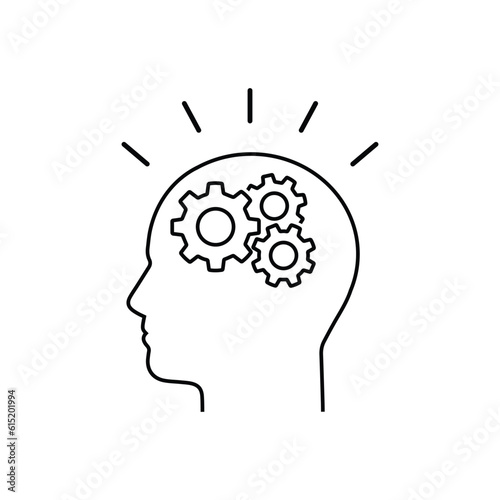 thin line thinking process in black human head. concept of productive worker or leader thoughts disorder. flat linear trend modern logotype or abstract graphic art design isolated on white background