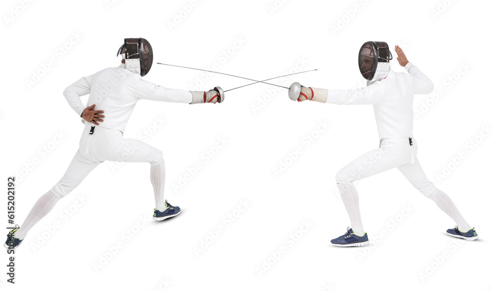 Digital png photo of two diverse swordsmen during fight on transparent background Digital png photo of two diverse swordsmen during fight on transparent background