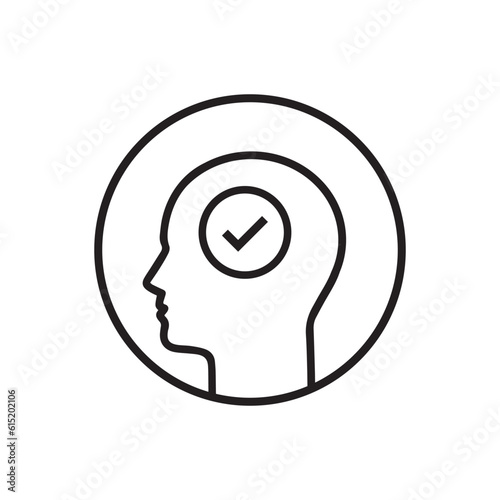black thin line happy man head with checkmark. flat stroke style trend modern simple logotype graphic linear art design isolated on white background. concept of rational thinking or mind process