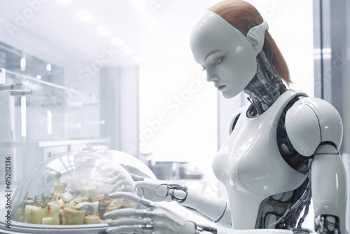 Artifficial intelligence beautiful humanoid robot, clean white background, preparing delicious tasty food, futuristic robot cooking concept, AI Generative photo