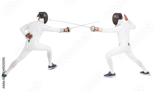 Digital png photo of two diverse swordsmen during fight on transparent background
