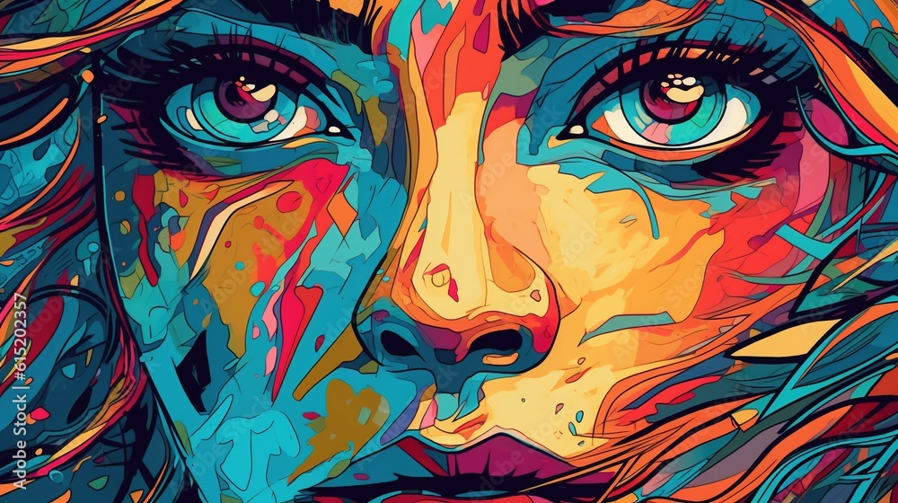 Abstract digital art with a colorful face of a woman . Fantasy concept , Illustration painting.