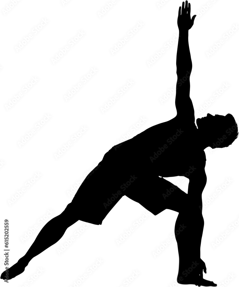 Digital png silhouette image of man doing yoga and stretching on transparent background