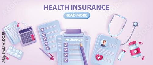 3D health insurance banner, vector family hospital healthcare safety polis concept, clipboard, bills. Patient personal medical profile, finance document, drugs pharmacy prescription. Health insurance