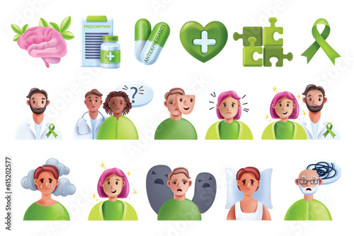 3D mental health icon set, medical vector psychiatrist illustration, tired bipolar patient, brain. Psychologist personal consultation, antidepressant support pills, prescription remedy. Mental health