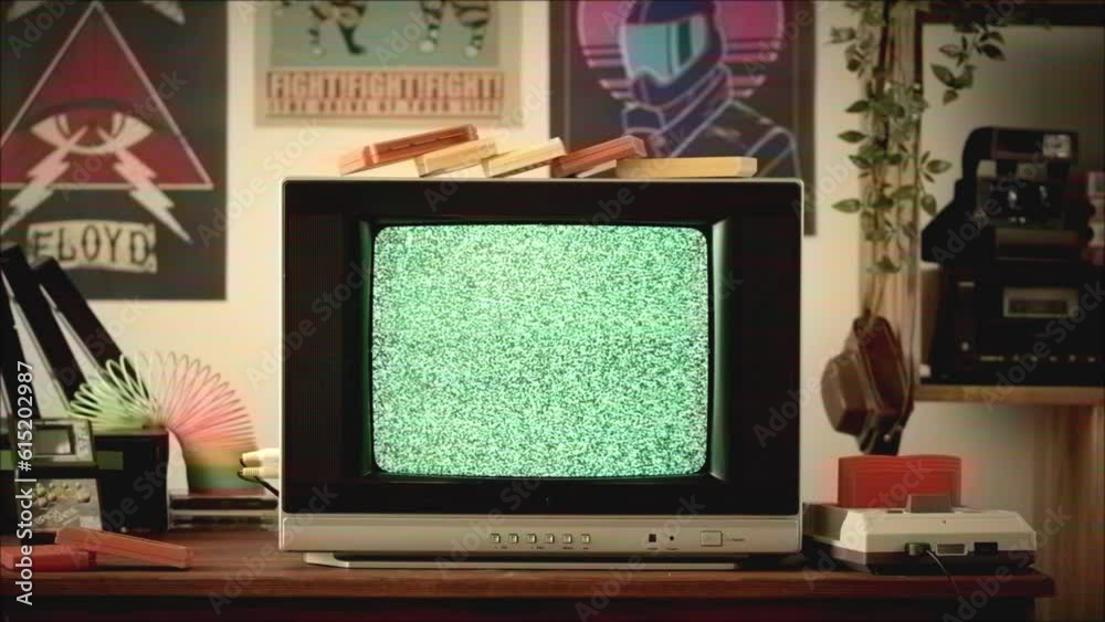 Old TV Game Console With ROM Cartridge With TV Vintage Gamer Room 