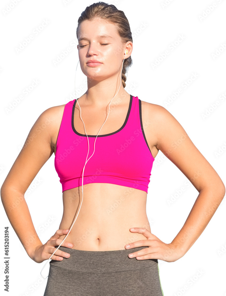 Digital png photo of happy caucasian woman in sport outfit on transparent background Digital png photo of happy caucasian woman in sport outfit on transparent background