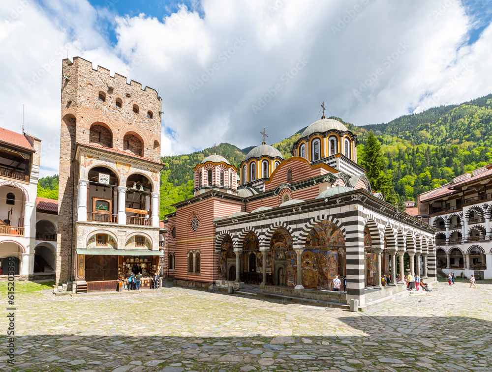 Rila Monastery, the most famous Bulgarian monastery located in the Rila Mountains - obrazy, fototapety, plakaty 