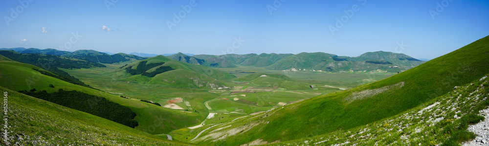Castelluccio valley view in a summer day, Norcia, Sibillini National Park, Umbria, Italy