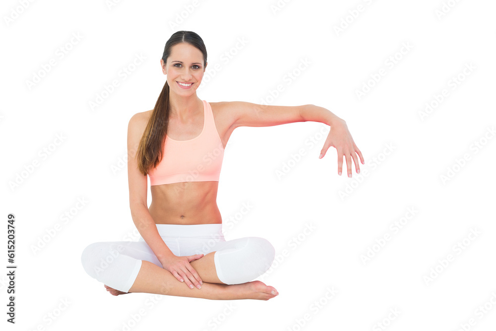 Digital png photo of caucasian woman sitting and exercising on transparent background