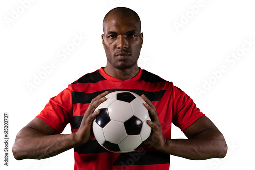 Digital png photo of african american footballer holding ball on transparent background © vectorfusionart