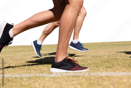Digital png photo of legs on caucasian men running on transparent background