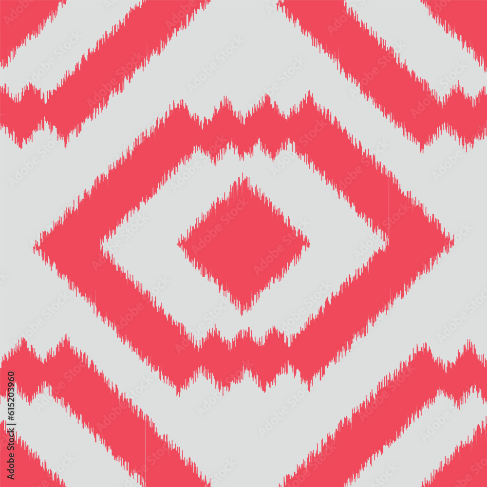 Seamless ikat pattern with pink elements on grey background. Seamless ikat pattern with pink elements on grey background.