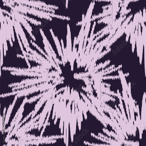 Seamless ikat pattern with abstract elements on dark background.